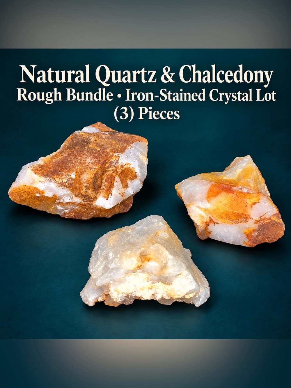 Natural Quartz & Chalcedony Rough Bundle | Iron-Stained Crystal Lot | 3 Pieces